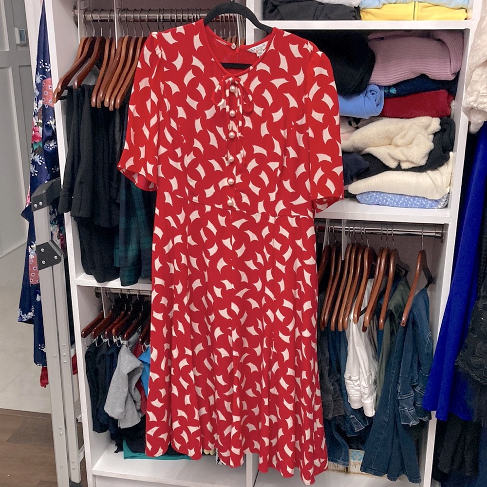L.K.Bennett Red and Off-White Silk Dress US 14